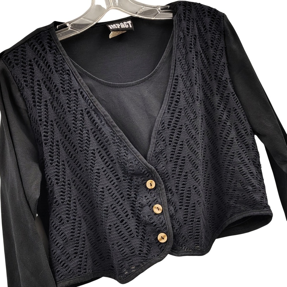 Vintage Y2K  IMPACT‎ Black Crochet Cropped Cardigan Shrug 90s Boho Pointelle L